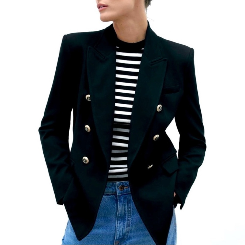 Zara Double Breasted Black Blazer Gold Crest Buttons Women’s XS Office Career